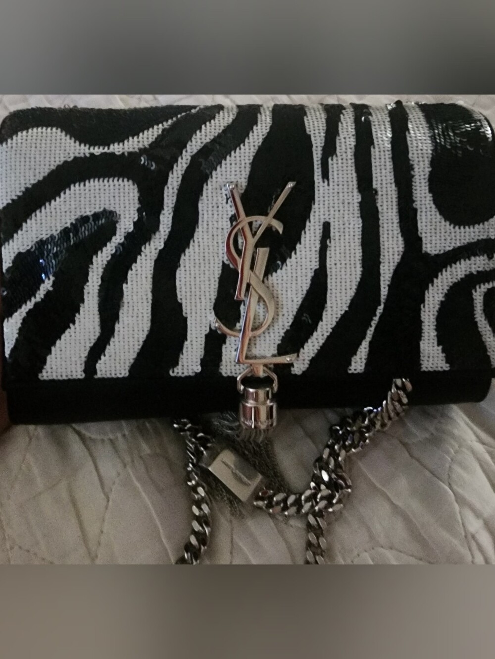 Saint Laurent Black & White Zebra Sequin Tassel Chain Wallet, Silver Hardware